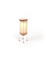 Small lamp with wooden base and white shade on a white background