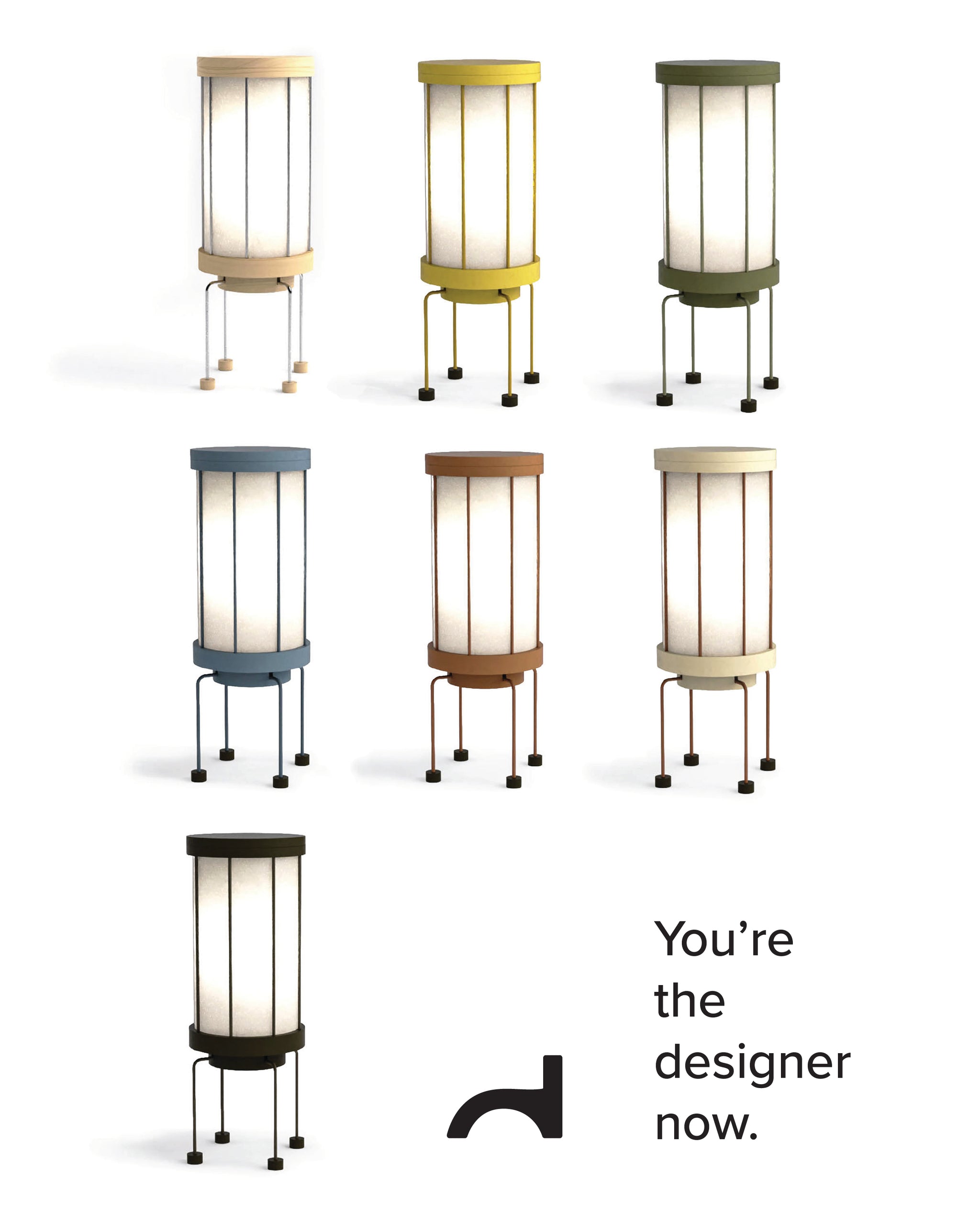 Set of colorful cylindrical lamps on a white background with text 'You're the designer now.'