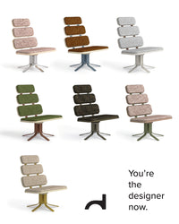 Set of six modern chairs in various colors with a design challenge text on a white background.